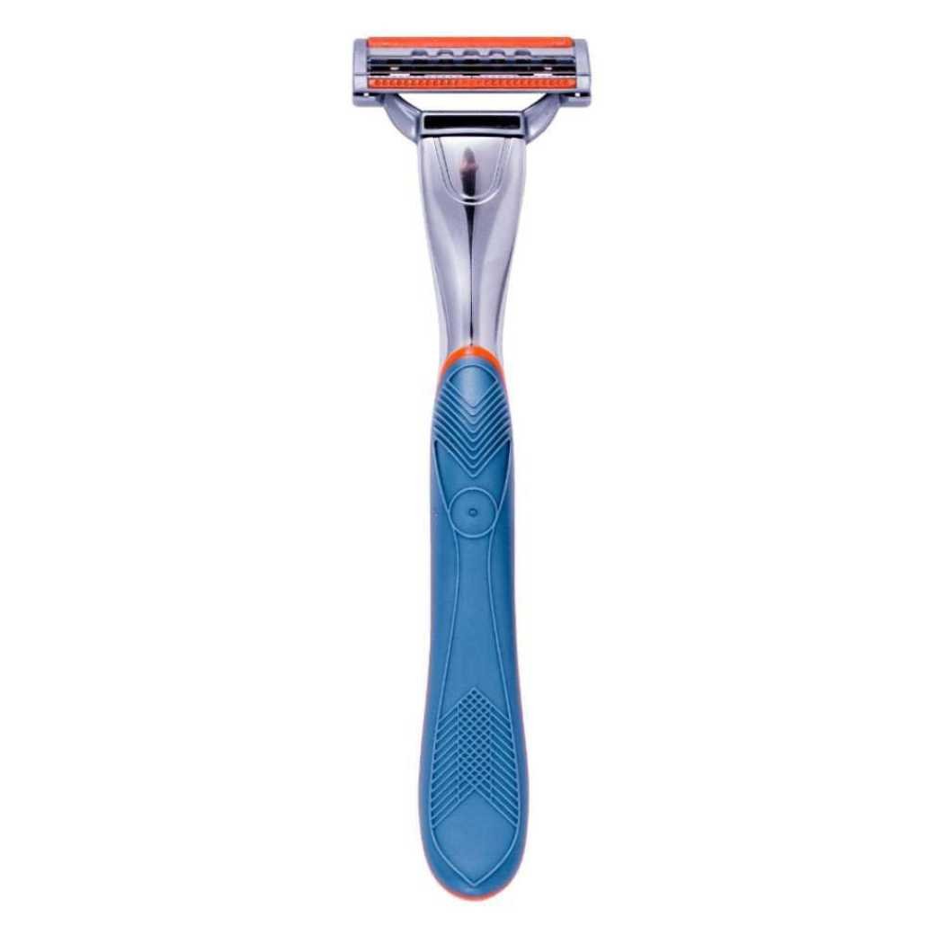 Cartridge razor handle in blue with 3-blade head and orange top strip
