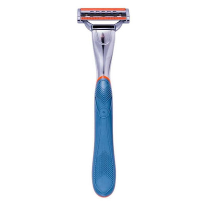Cartridge razor handle in blue with 3-blade head and orange top strip