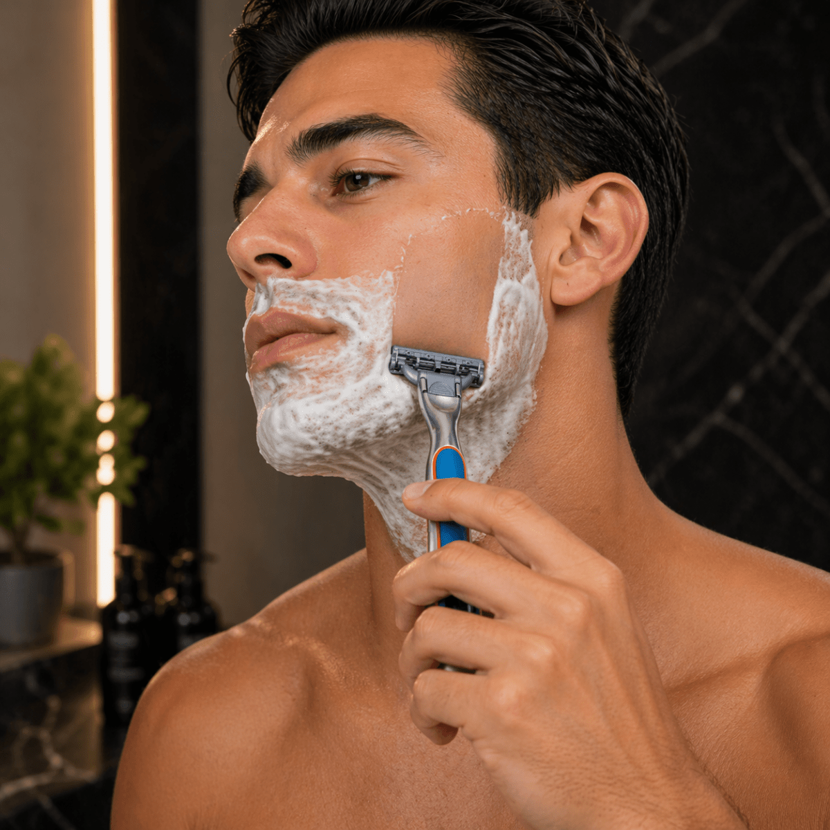 Blue 3-blade cartridge razor used on a man’s cheek and chin with shaving foam