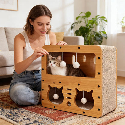 3-in-1 Cat House, Bed & Scratch Post - Multi-Layer Structure Made of Soft, Eco-Friendly Cardboard - Renee Lane Company