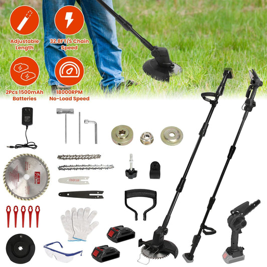 3-in-1 Cordless Electric Pole Saw & Mini Chainsaw & Grass Trimmer Kit with Adjustable Length 2Pcs 21V 1500mAh Batteries 4in/6in Chains Saw Blade 5Pcs Plastic Blades - Renee Lane Company