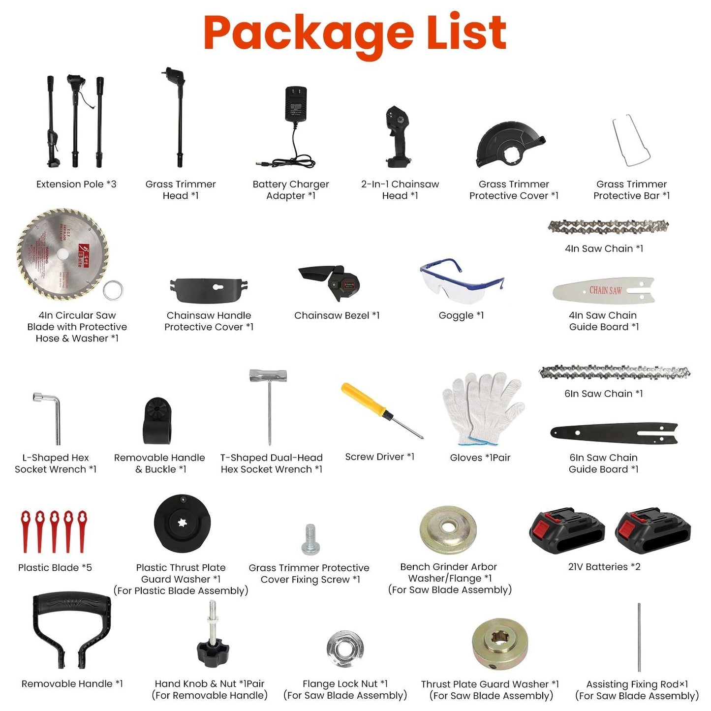 3-in-1 Cordless Electric Pole Saw & Mini Chainsaw & Grass Trimmer Kit with Adjustable Length 2Pcs 21V 1500mAh Batteries 4in/6in Chains Saw Blade 5Pcs Plastic Blades - Renee Lane Company