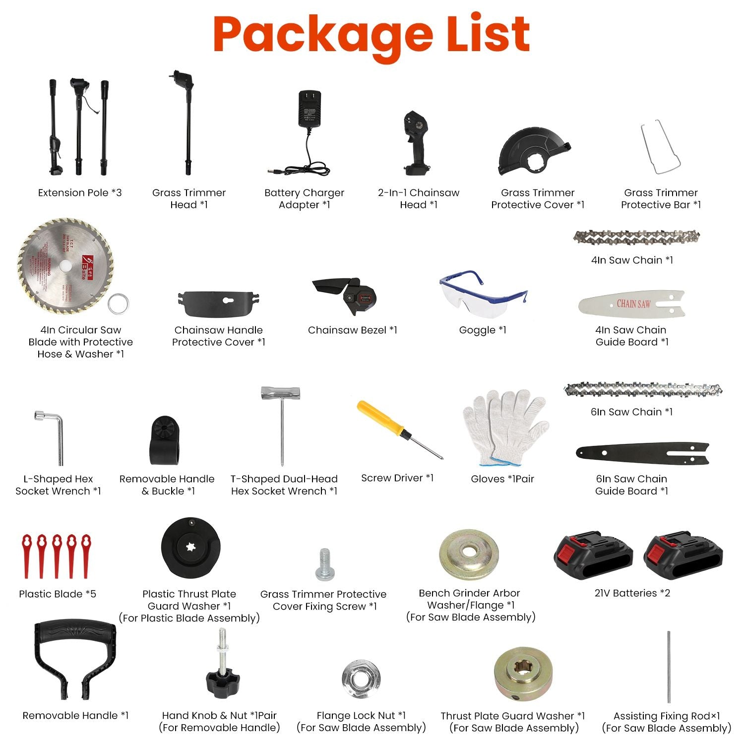 3-in-1 Cordless Electric Pole Saw & Mini Chainsaw & Grass Trimmer Kit with Adjustable Length 2Pcs 21V 1500mAh Batteries 4in/6in Chains Saw Blade 5Pcs Plastic Blades - Renee Lane Company