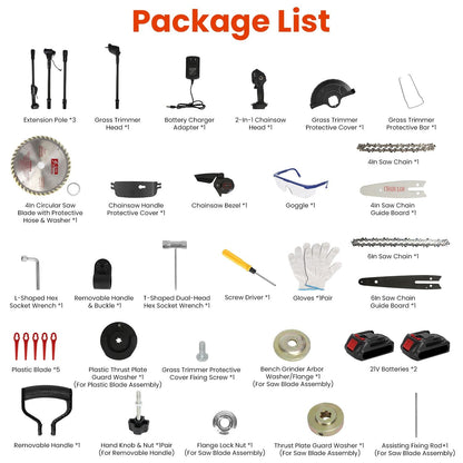 3-in-1 Cordless Electric Pole Saw & Mini Chainsaw & Grass Trimmer Kit with Adjustable Length 2Pcs 21V 1500mAh Batteries 4in/6in Chains Saw Blade 5Pcs Plastic Blades - Renee Lane Company