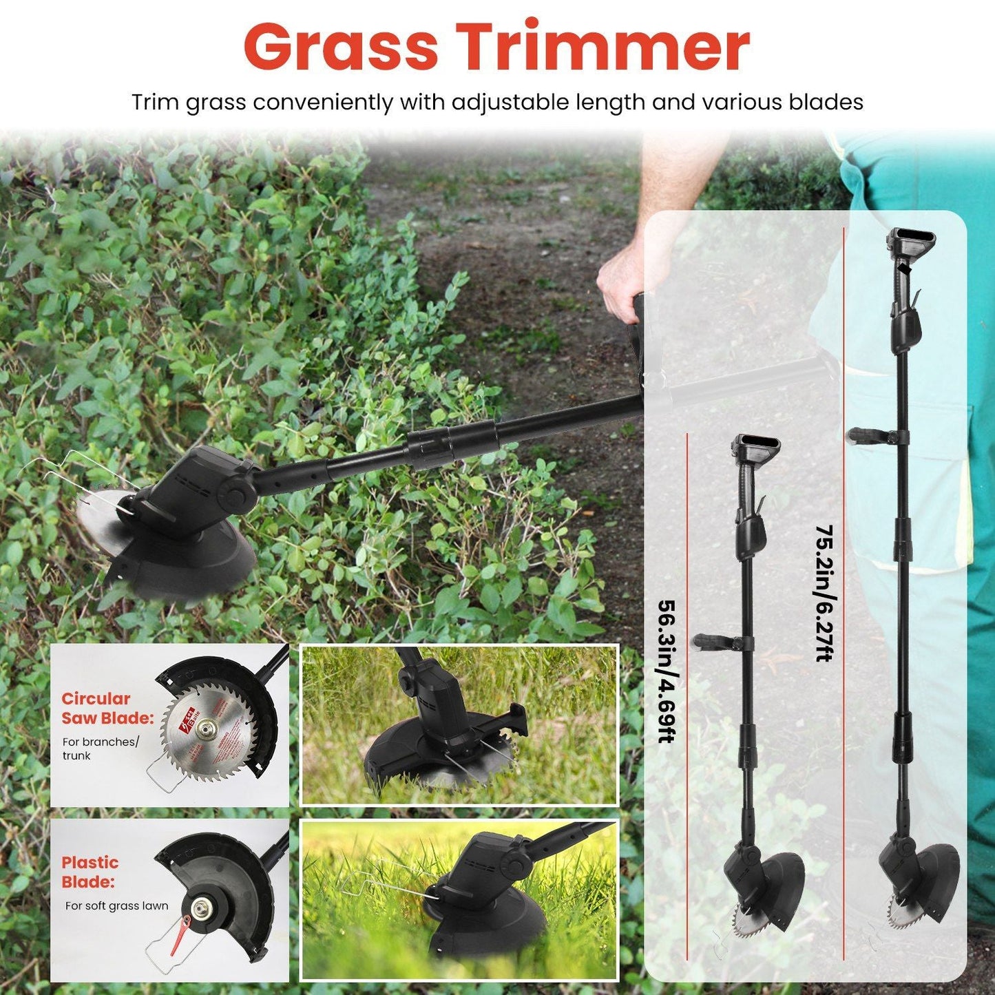 3-in-1 Cordless Electric Pole Saw & Mini Chainsaw & Grass Trimmer Kit with Adjustable Length 2Pcs 21V 1500mAh Batteries 4in/6in Chains Saw Blade 5Pcs Plastic Blades - Renee Lane Company