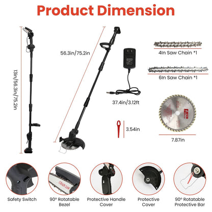 3-in-1 Cordless Electric Pole Saw & Mini Chainsaw & Grass Trimmer Kit with Adjustable Length 2Pcs 21V 1500mAh Batteries 4in/6in Chains Saw Blade 5Pcs Plastic Blades - Renee Lane Company