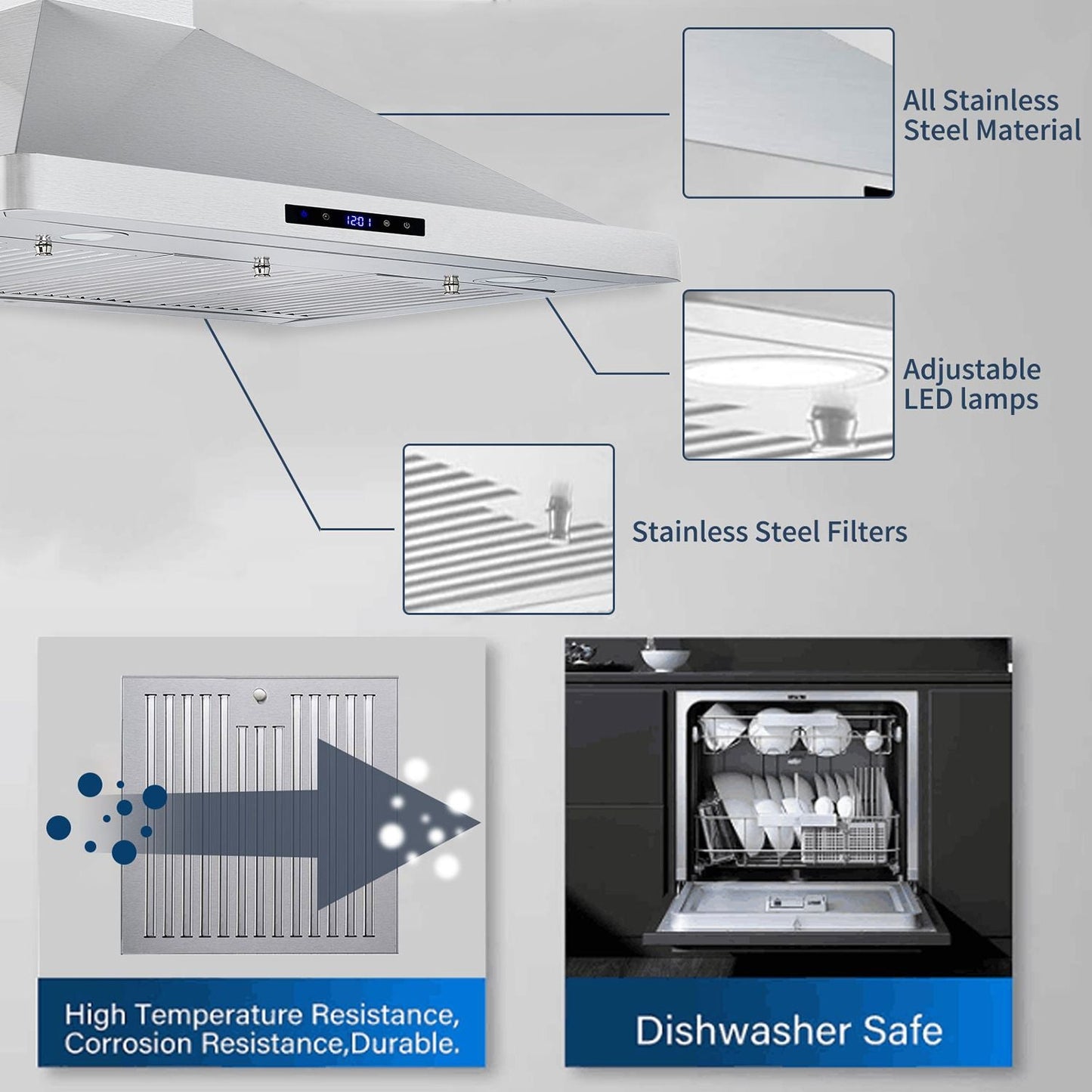 30/36 inch Range Hood 700CFM Wall Mount Stainless Steel Touch Control 3-speed Stove Vent - Renee Lane Company