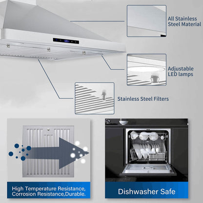 30/36 inch Range Hood 700CFM Wall Mount Stainless Steel Touch Control 3-speed Stove Vent - Renee Lane Company