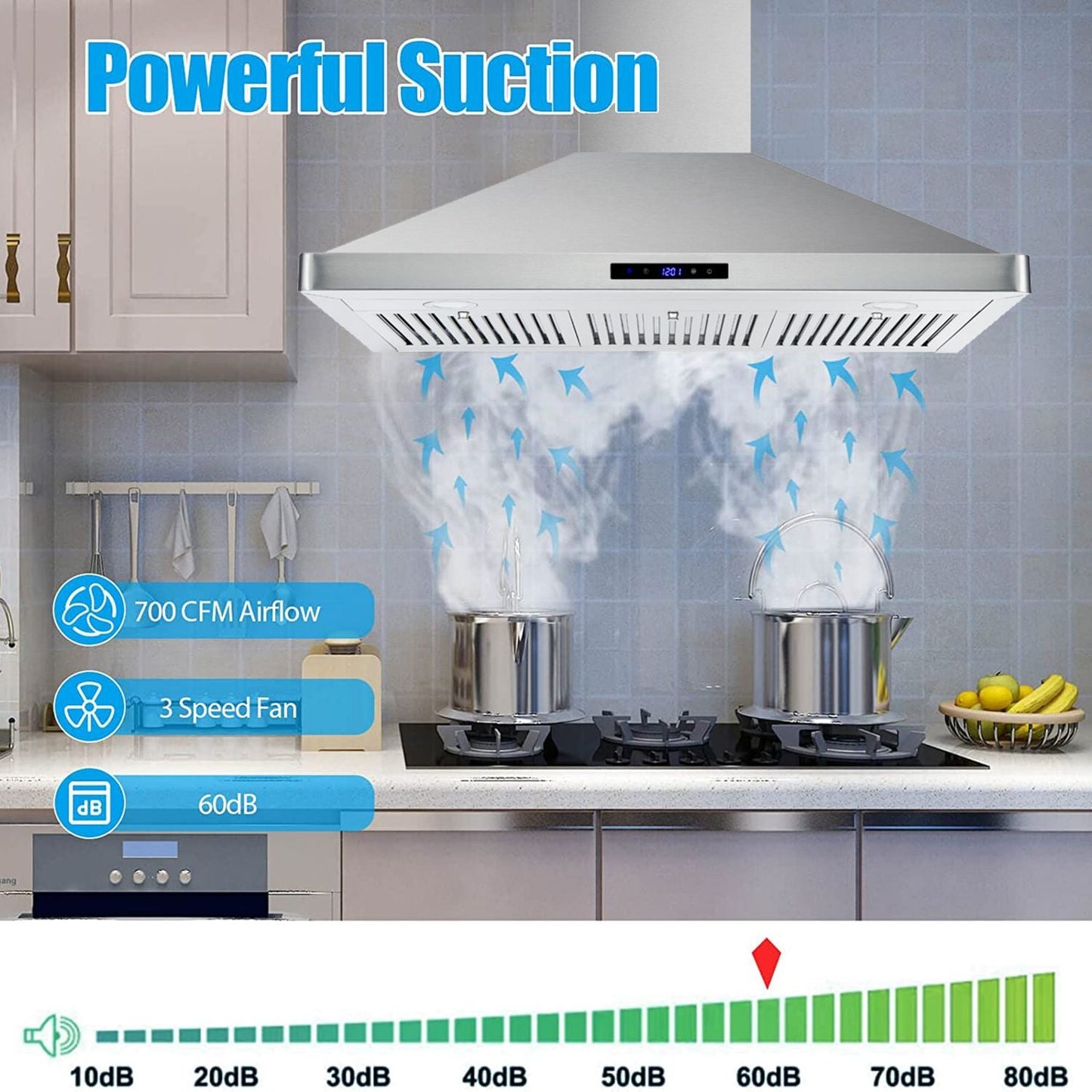 30/36 inch Range Hood 700CFM Wall Mount Stainless Steel Touch Control 3-speed Stove Vent - Renee Lane Company