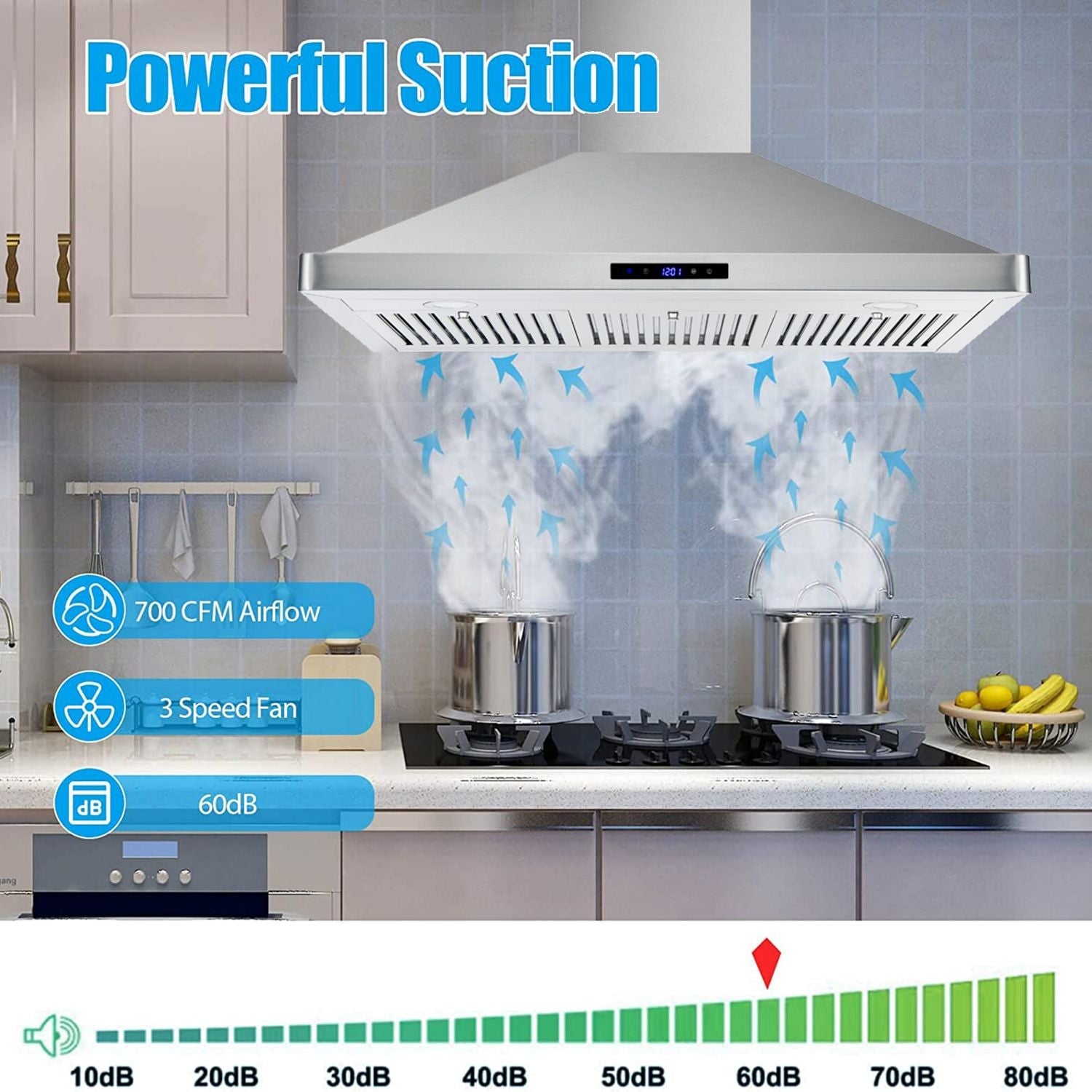 30/36 inch Range Hood 700CFM Wall Mount Stainless Steel Touch Control 3-speed Stove Vent - Renee Lane Company
