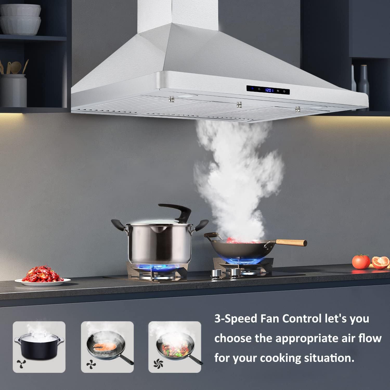 30/36 inch Range Hood 700CFM Wall Mount Stainless Steel Touch Control 3-speed Stove Vent - Renee Lane Company