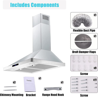 30/36 inch Range Hood 700CFM Wall Mount Stainless Steel Touch Control 3-speed Stove Vent - Renee Lane Company