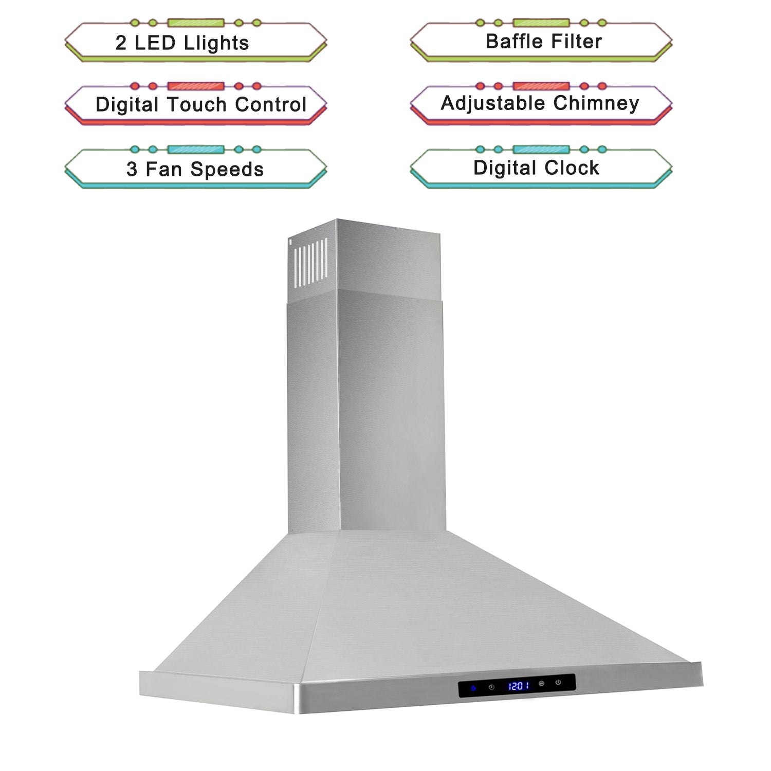 30/36 inch Range Hood 700CFM Wall Mount Stainless Steel Touch Control 3-speed Stove Vent - Renee Lane Company
