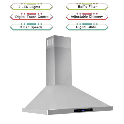 30/36 inch Range Hood 700CFM Wall Mount Stainless Steel Touch Control 3-speed Stove Vent - Renee Lane Company