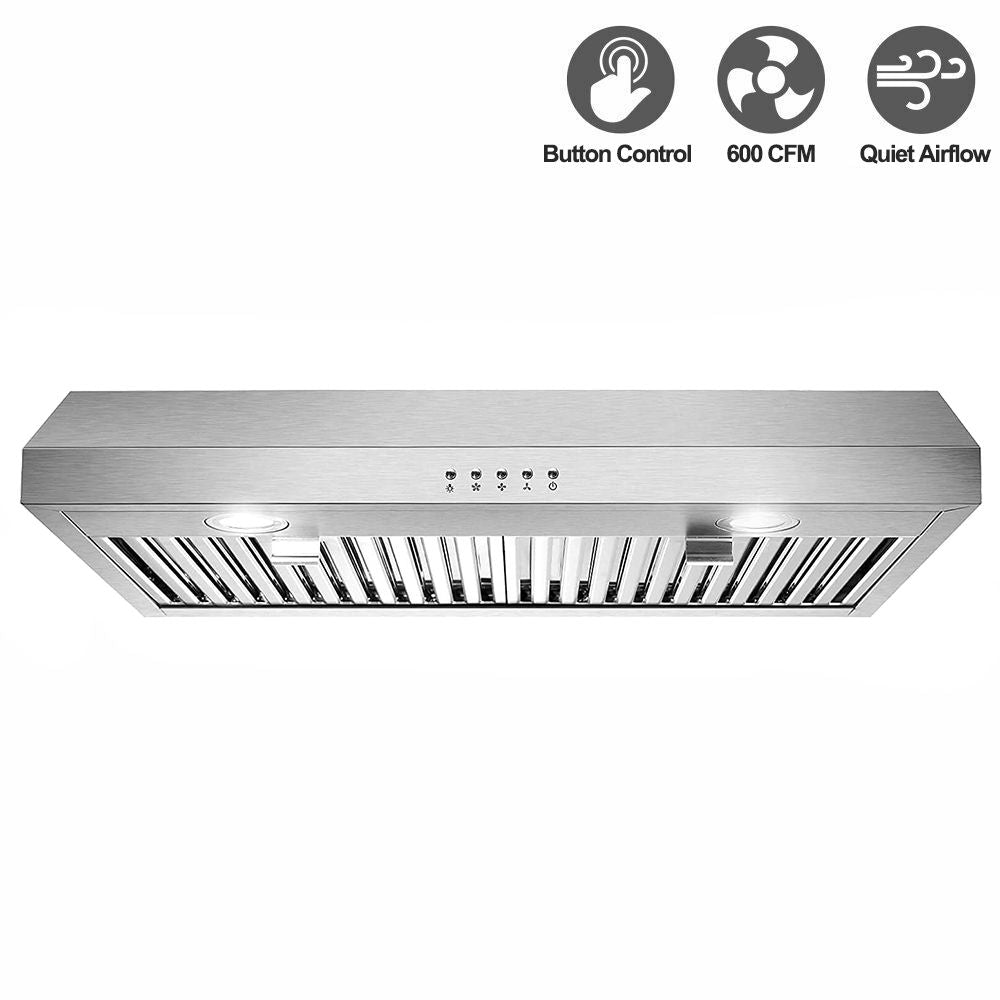 30 inch Kitchen Under Cabinet Range Hood 3-Speed 600CFM Vent w/LEDs Silver/Black - Renee Lane Company