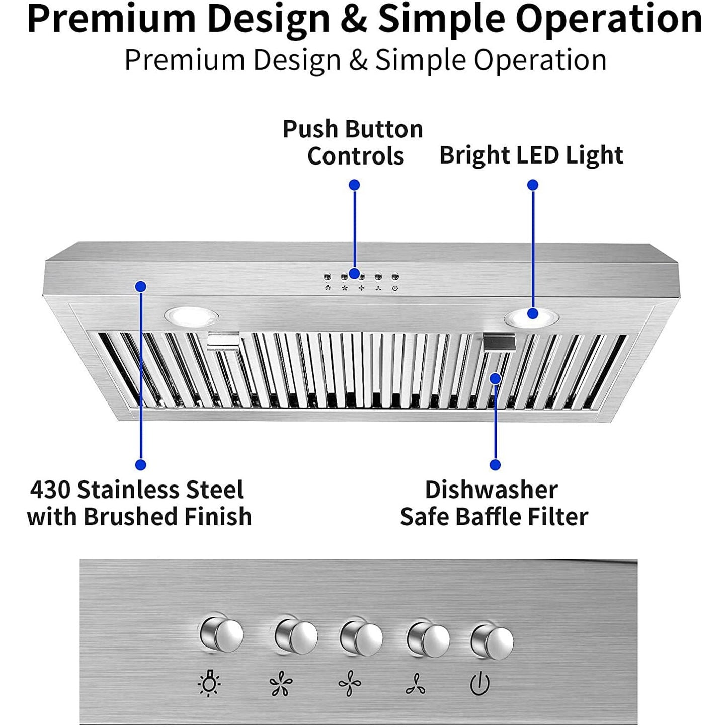30 inch Kitchen Under Cabinet Range Hood 3-Speed 600CFM Vent w/LEDs Silver/Black - Renee Lane Company
