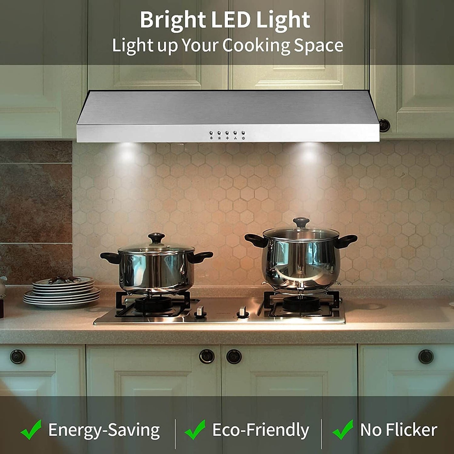 30 inch Kitchen Under Cabinet Range Hood 3-Speed 600CFM Vent w/LEDs Silver/Black - Renee Lane Company