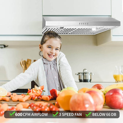 30 inch Kitchen Under Cabinet Range Hood 3-Speed 600CFM Vent w/LEDs Silver/Black - Renee Lane Company