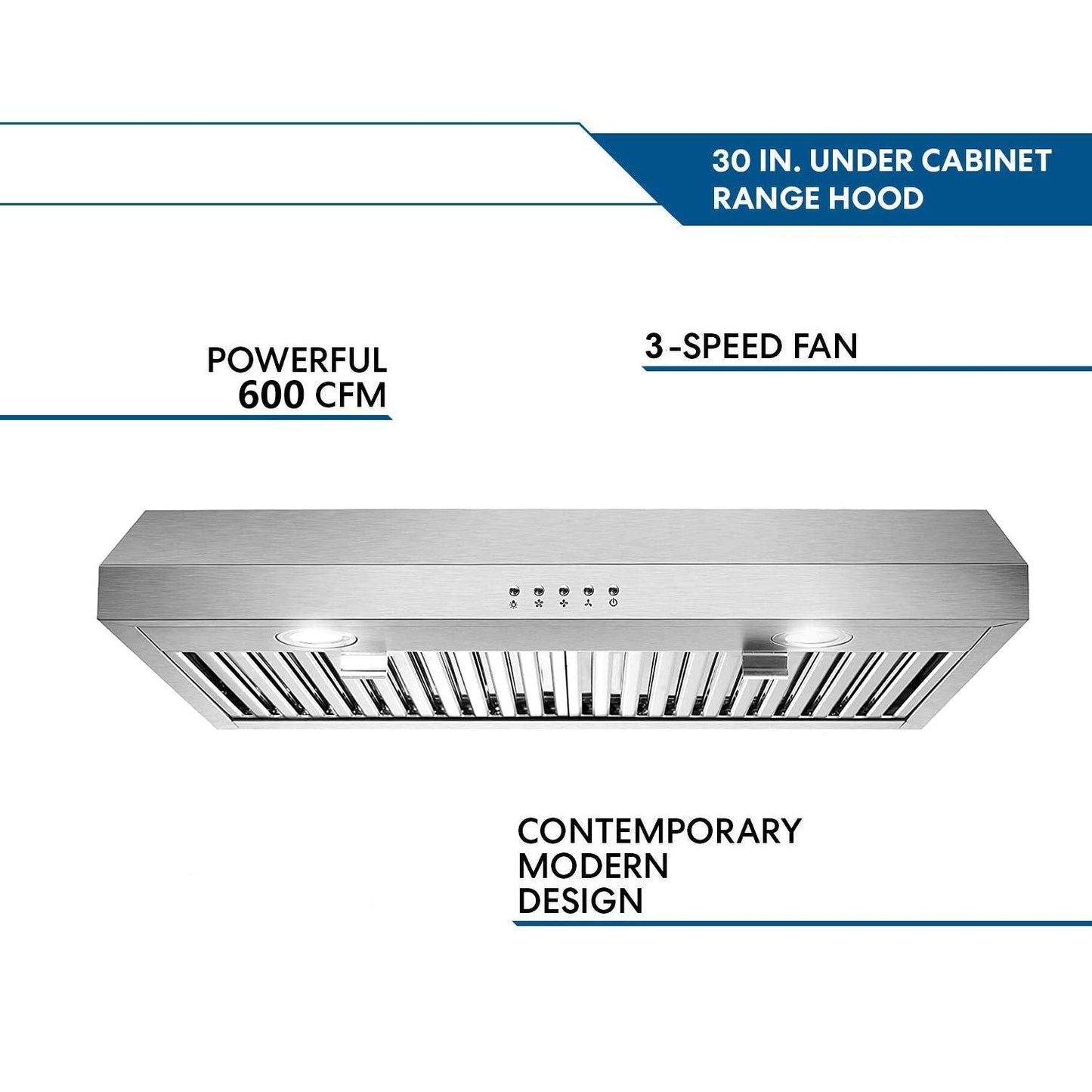 30 inch Kitchen Under Cabinet Range Hood 3-Speed 600CFM Vent w/LEDs Silver/Black - Renee Lane Company