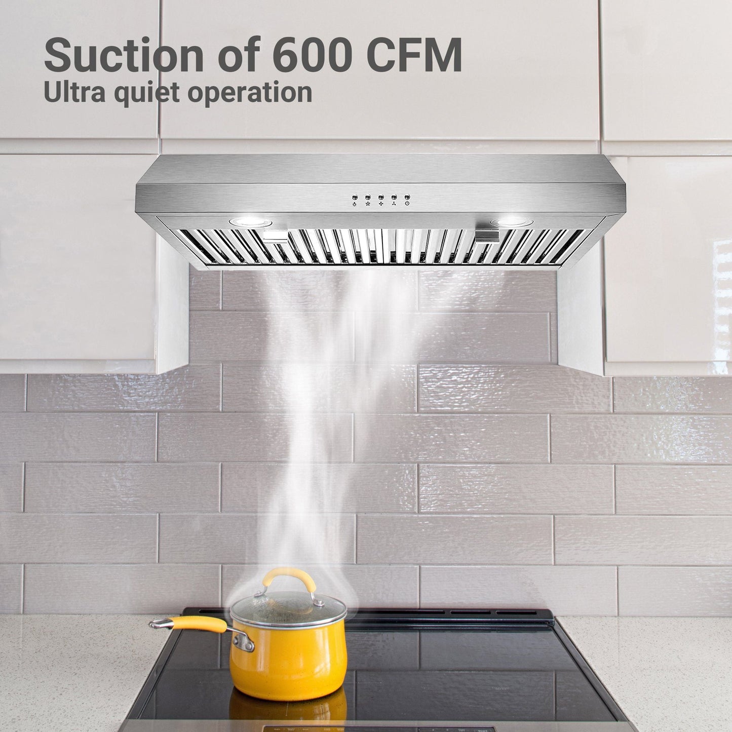 30 inch Kitchen Under Cabinet Range Hood 3-Speed 600CFM Vent w/LEDs Silver/Black - Renee Lane Company