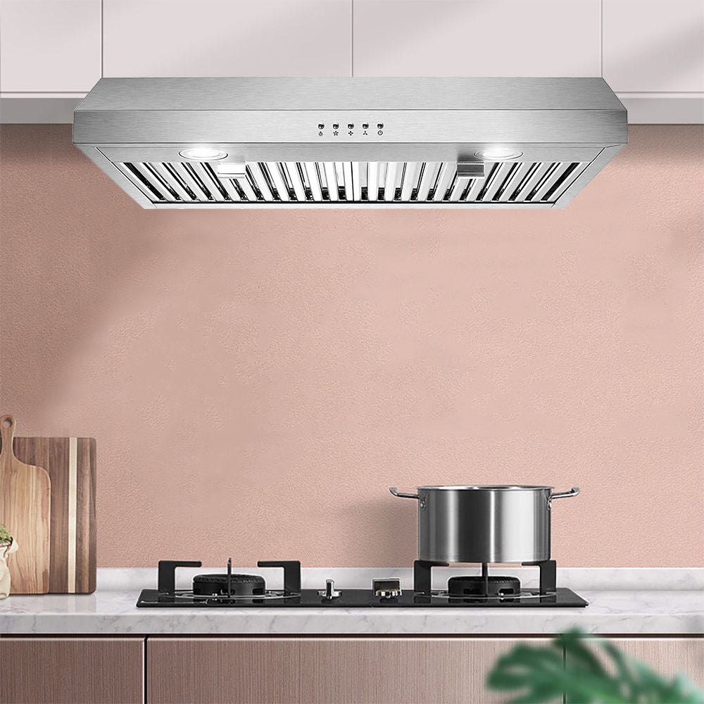 30 inch Kitchen Under Cabinet Range Hood 3-Speed 600CFM Vent w/LEDs Silver/Black - Renee Lane Company