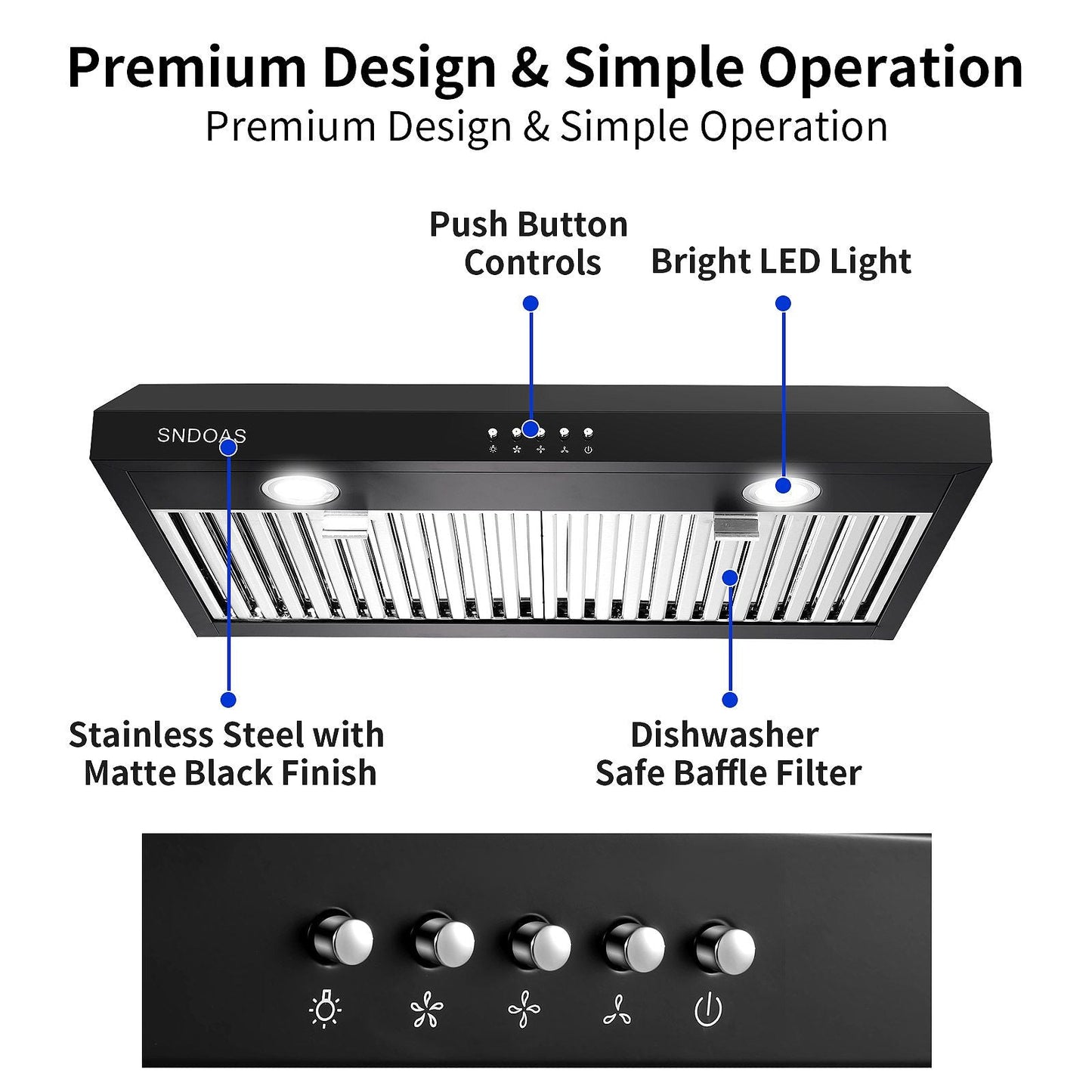 30 inch Kitchen Under Cabinet Range Hood 3-Speed 600CFM Vent w/LEDs Silver/Black - Renee Lane Company