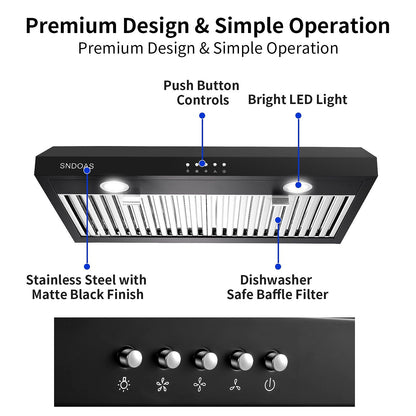 30 inch Kitchen Under Cabinet Range Hood 3-Speed 600CFM Vent w/LEDs Silver/Black - Renee Lane Company