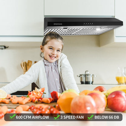 30 inch Kitchen Under Cabinet Range Hood 3-Speed 600CFM Vent w/LEDs Silver/Black - Renee Lane Company