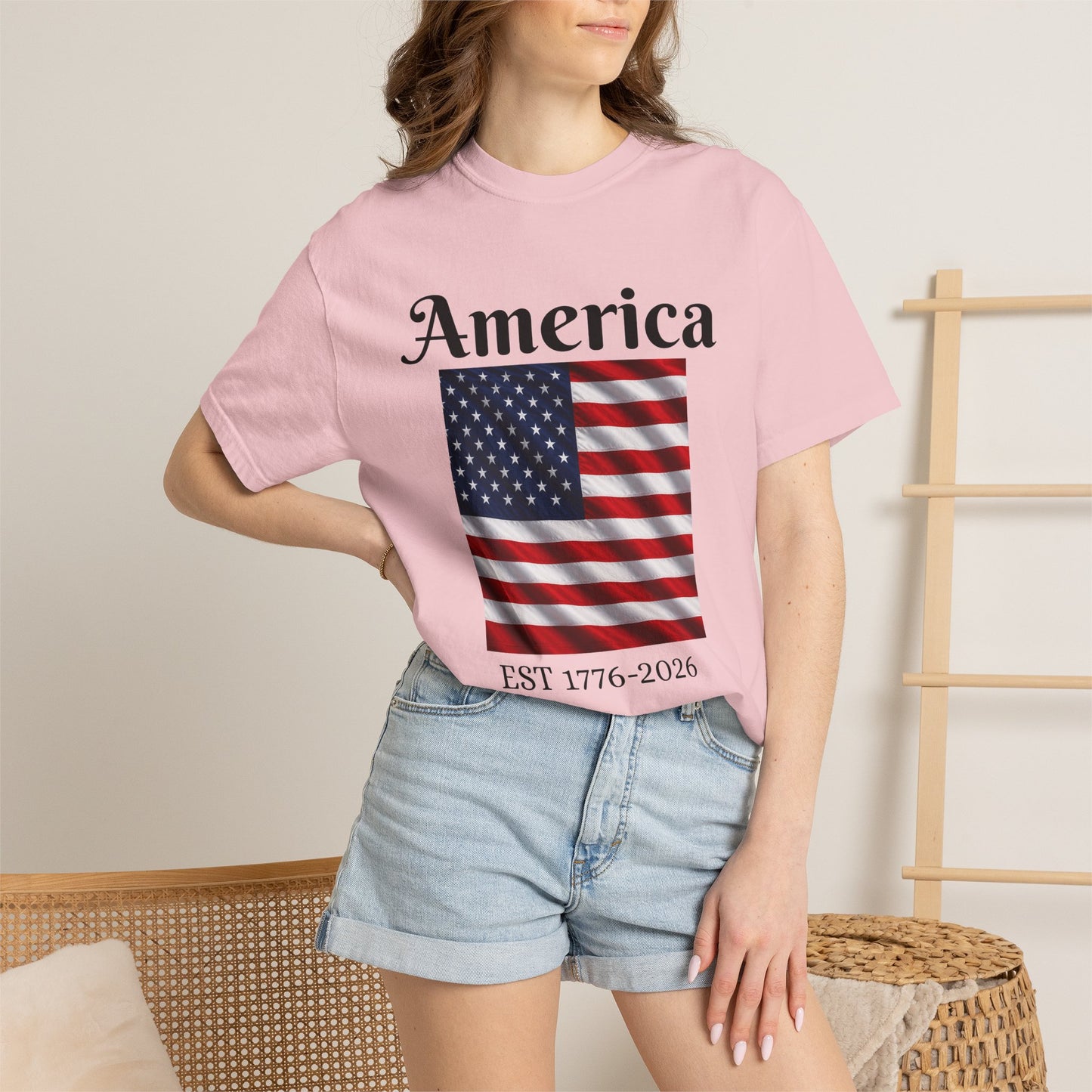 Pink America flag T-shirt with eagle and EST 1776-2026 detail