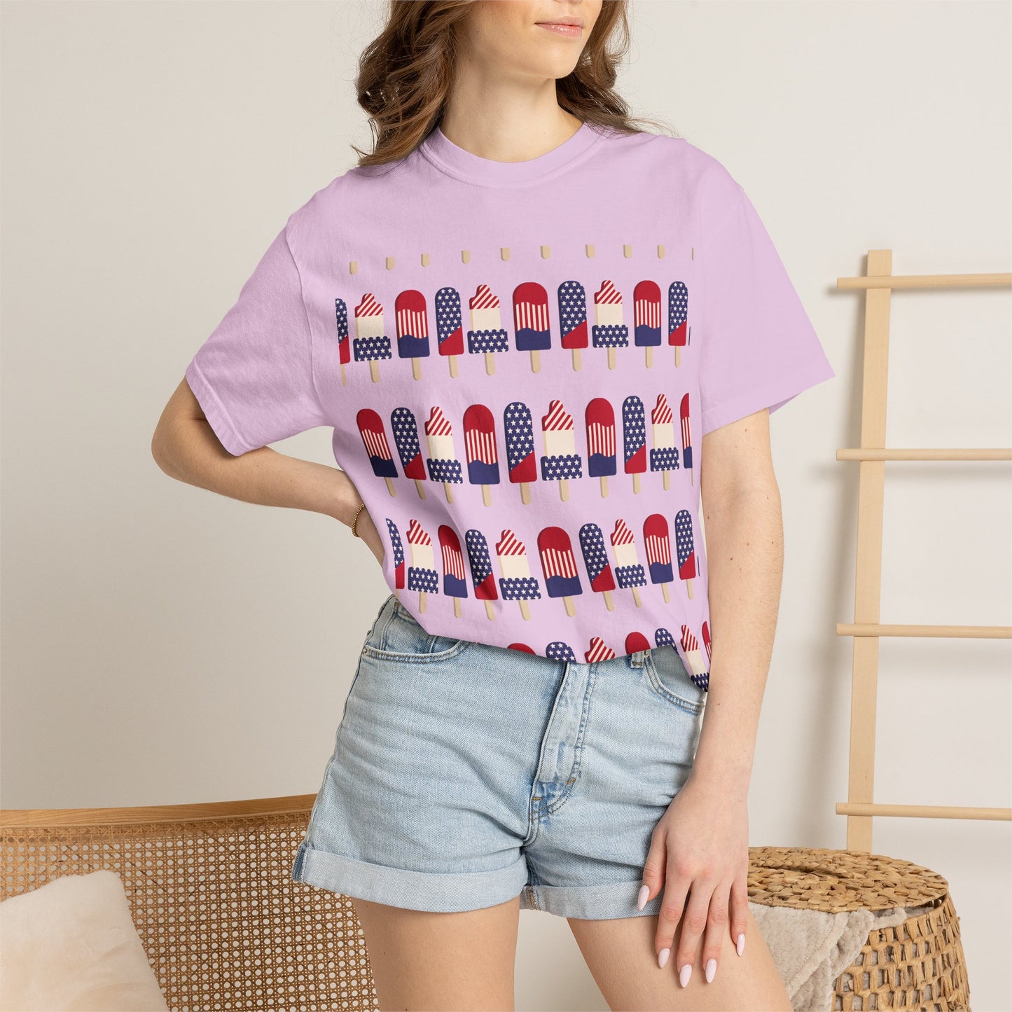Lavender graphic T-shirt with horizontal popsicle flag print across chest