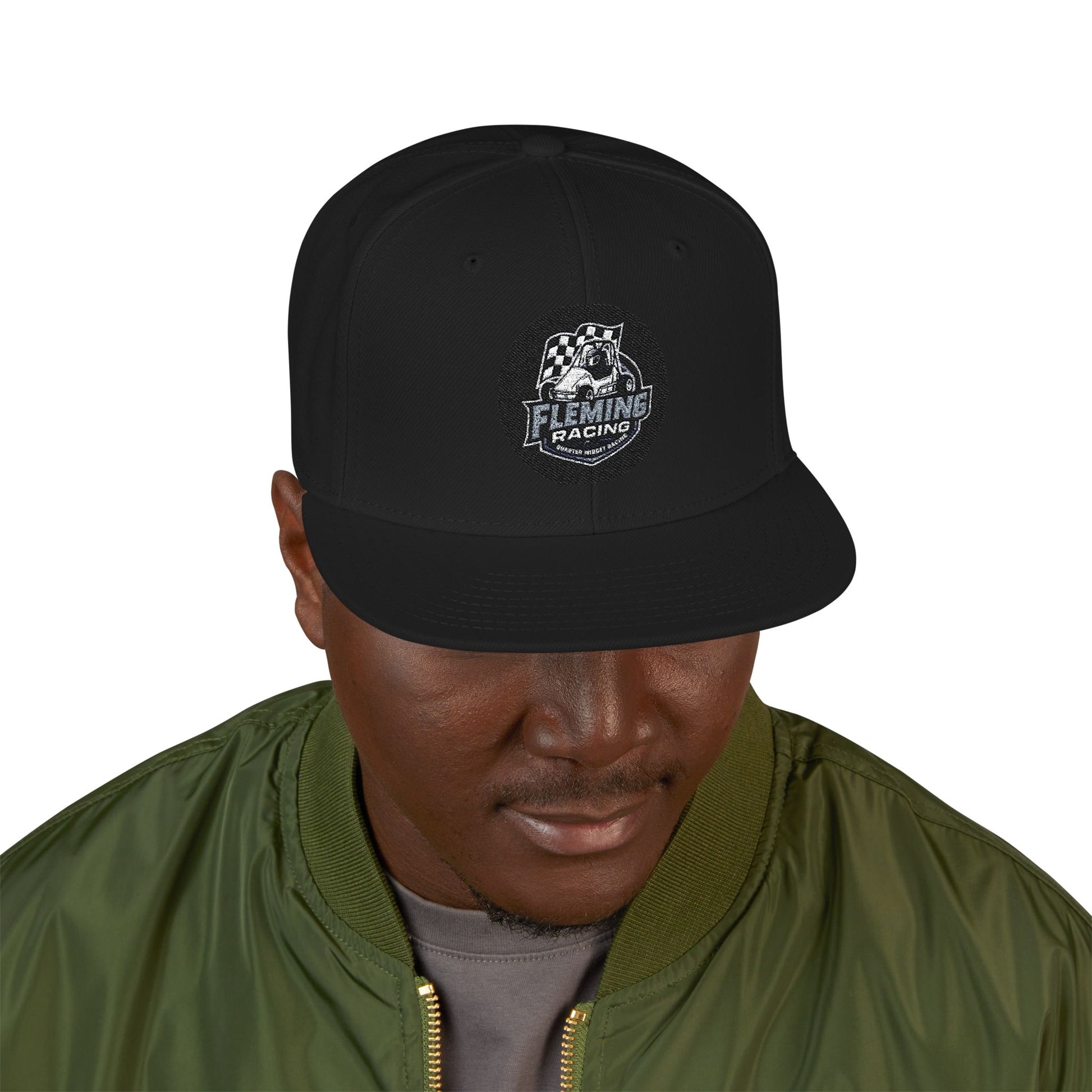 Embroidered patch baseball cap, black with dark brim and front logo