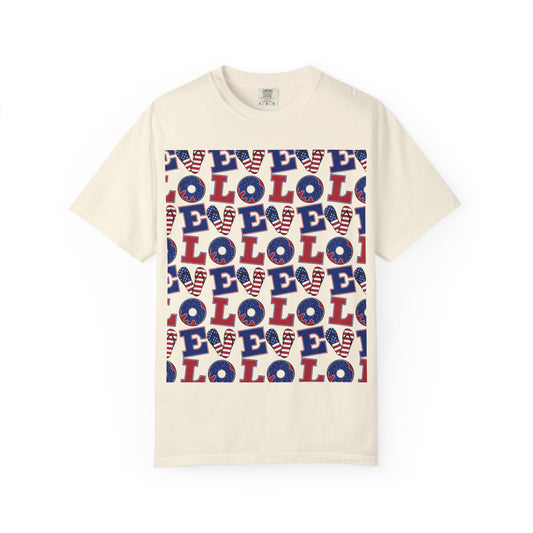 Ivory patriotic graphic T-shirt with repeating LOL pattern in red, blue, and white