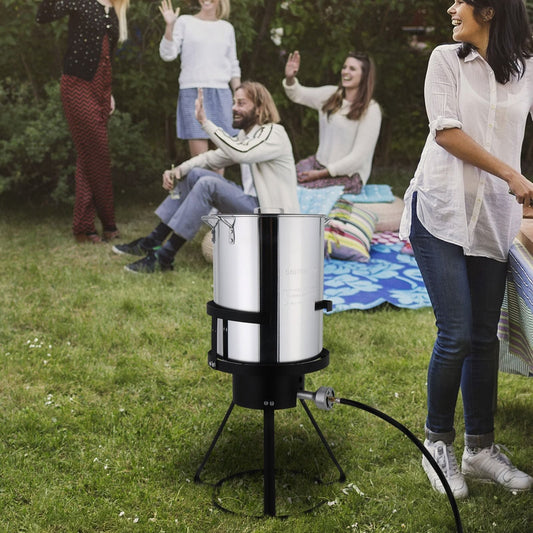 30QT Propane Turkey Fryer Set Silver Aluminum Pot with Black Round Iron Stand Outdoor Gas Deep Fryer Kit for Frying Turkey Seafood and Boiling Crawfish Backyard Cooking Equipment - Renee Lane Company
