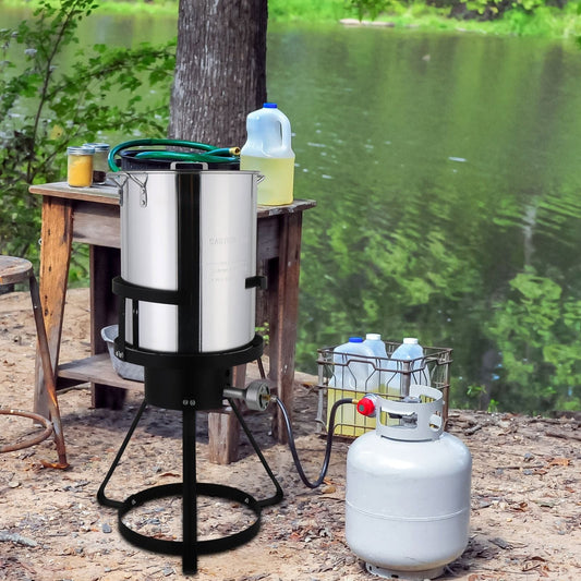 30QT Propane Turkey Fryer Set Silver Aluminum Pot with Black Round Iron Stand Outdoor Gas Deep Fryer Kit for Frying Turkey Seafood and Boiling Crawfish Backyard Cooking Equipment - Renee Lane Company