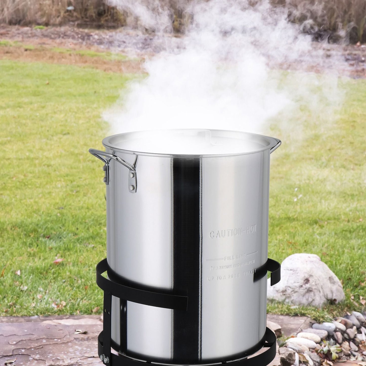 30QT Propane Turkey Fryer Set Silver Aluminum Pot with Black Round Iron Stand Outdoor Gas Deep Fryer Kit for Frying Turkey Seafood and Boiling Crawfish Backyard Cooking Equipment - Renee Lane Company