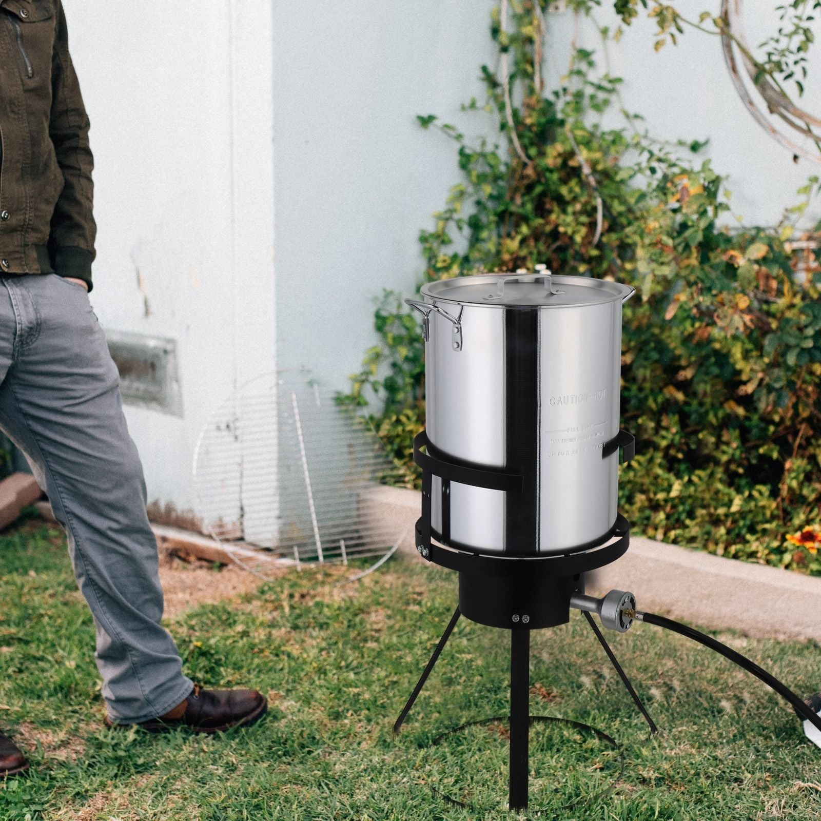 30QT Propane Turkey Fryer Set Silver Aluminum Pot with Black Round Iron Stand Outdoor Gas Deep Fryer Kit for Frying Turkey Seafood and Boiling Crawfish Backyard Cooking Equipment - Renee Lane Company