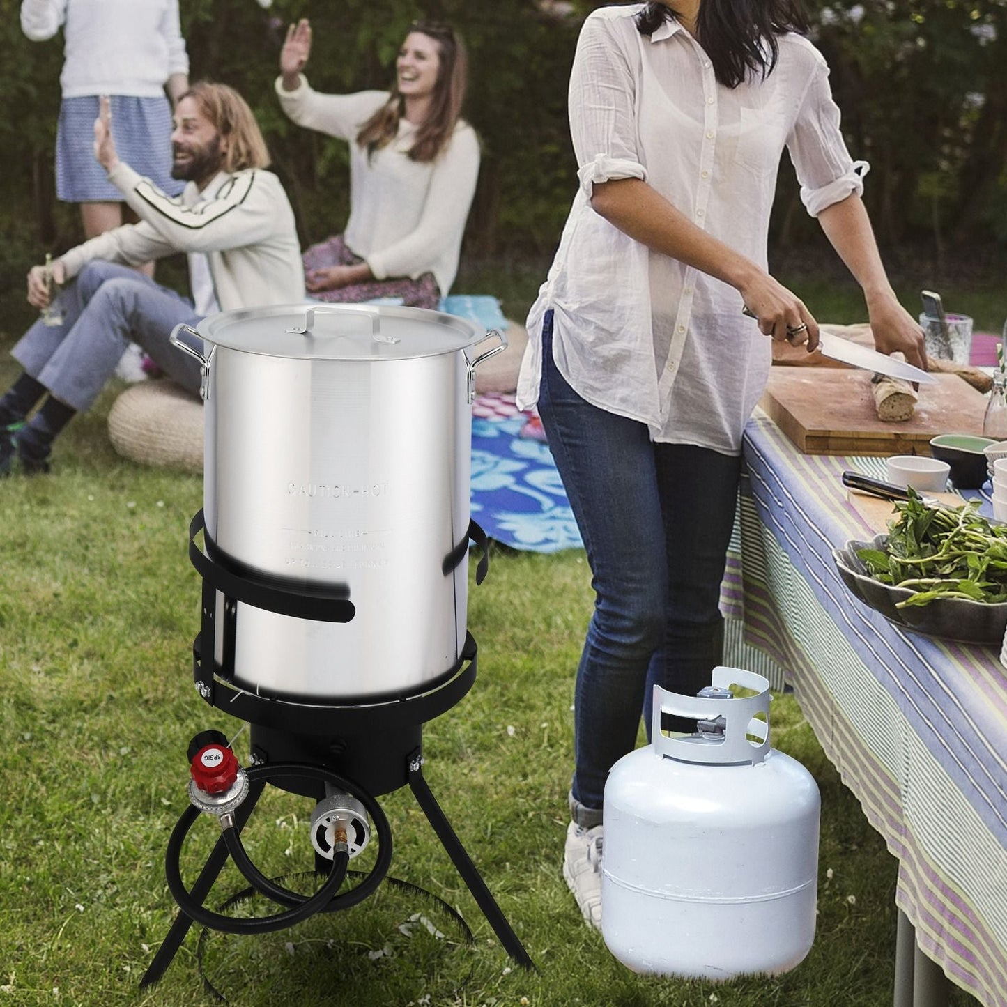 30QT Propane Turkey Fryer Set Silver Aluminum Pot with Black Round Iron Stand Outdoor Gas Deep Fryer Kit for Frying Turkey Seafood and Boiling Crawfish Backyard Cooking Equipment - Renee Lane Company