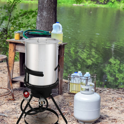 30QT Propane Turkey Fryer Set Silver Aluminum Pot with Black Round Iron Stand Outdoor Gas Deep Fryer Kit for Frying Turkey Seafood and Boiling Crawfish Backyard Cooking Equipment - Renee Lane Company