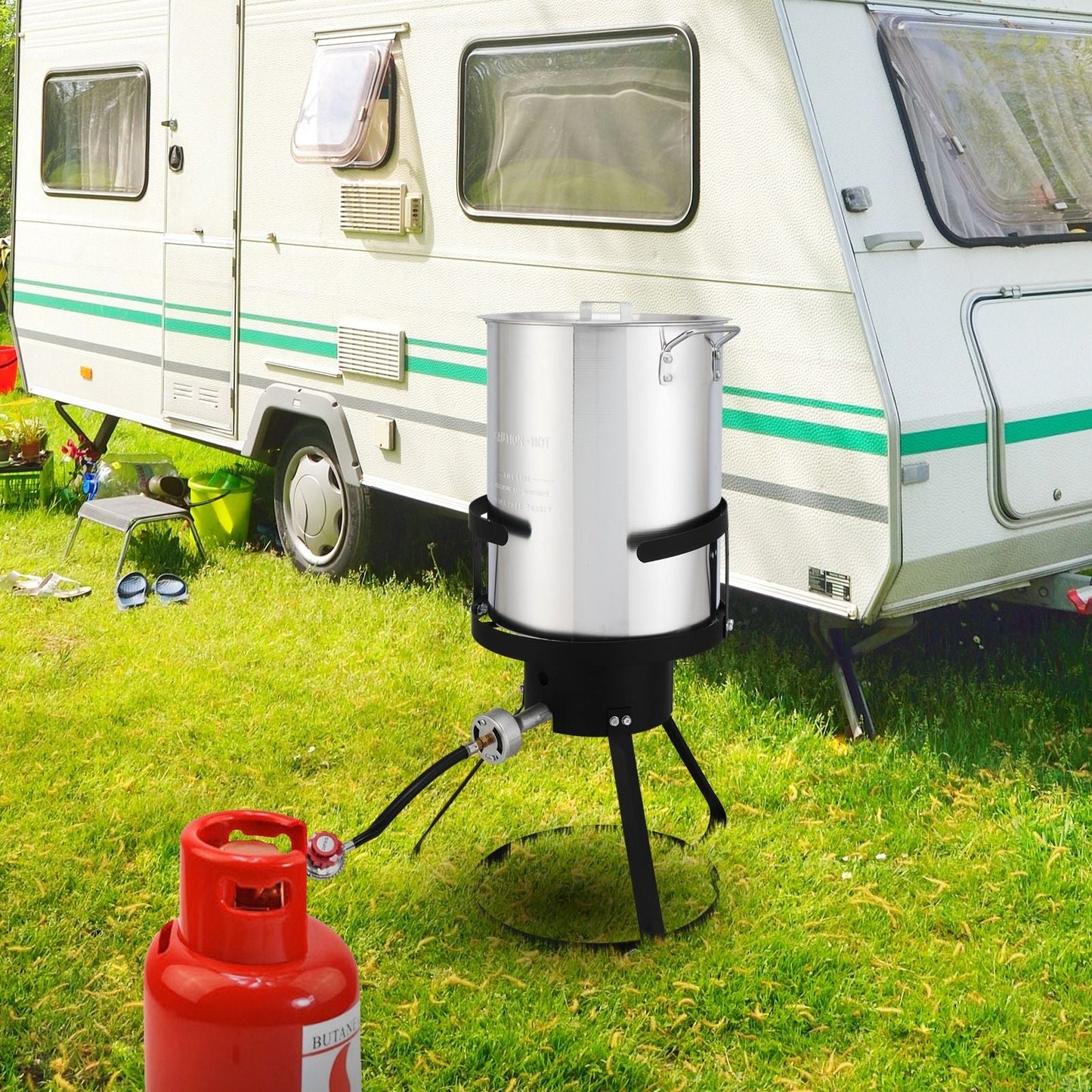 30QT Propane Turkey Fryer Set Silver Aluminum Pot with Black Round Iron Stand Outdoor Gas Deep Fryer Kit for Frying Turkey Seafood and Boiling Crawfish Backyard Cooking Equipment - Renee Lane Company