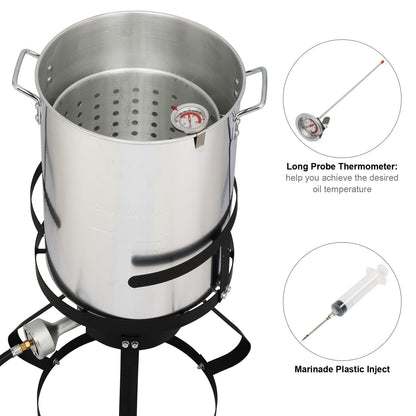 30QT Propane Turkey Fryer Set Silver Aluminum Pot with Black Round Iron Stand Outdoor Gas Deep Fryer Kit for Frying Turkey Seafood and Boiling Crawfish Backyard Cooking Equipment - Renee Lane Company