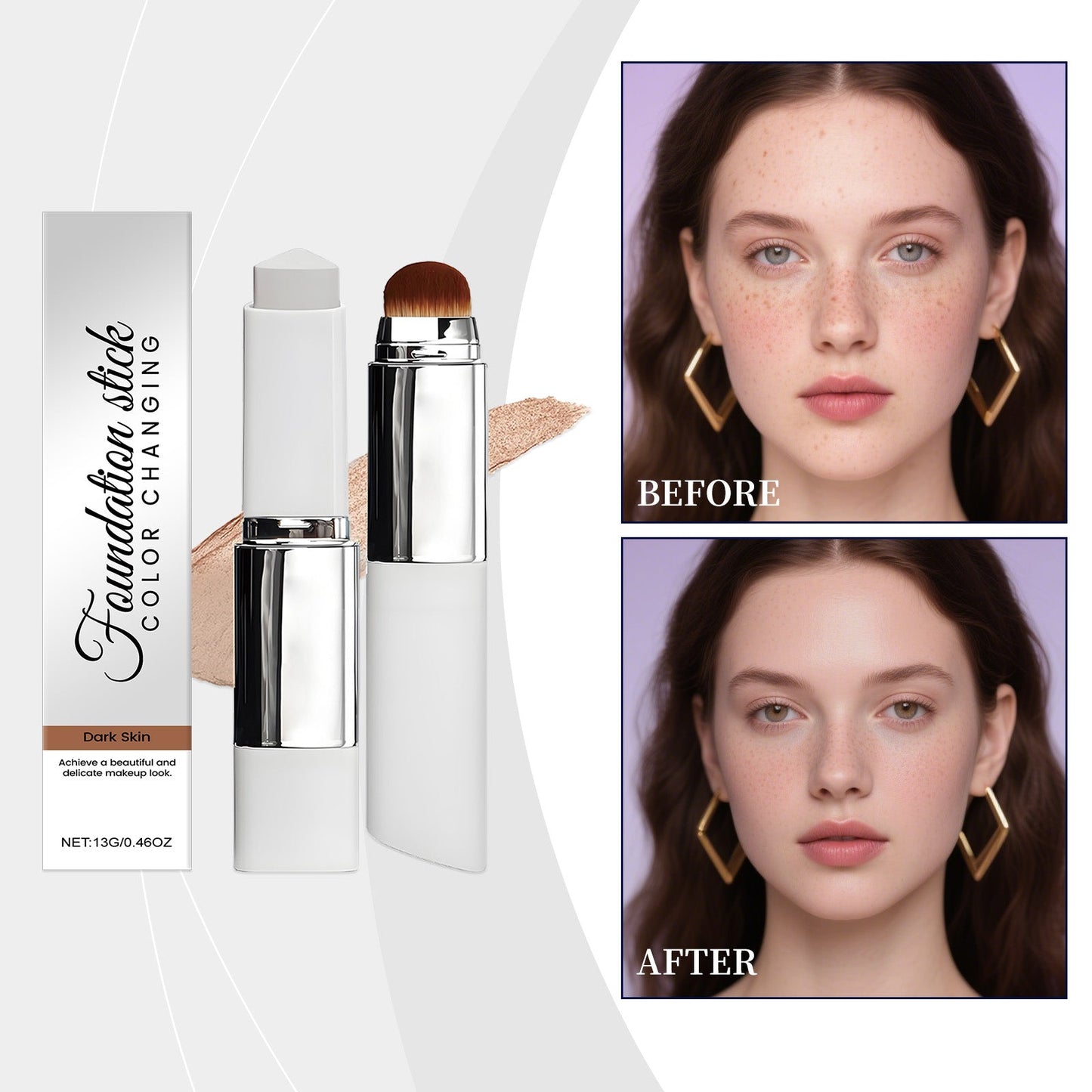 Color-changing foundation stick set with brush and beige swatch for dark skin tone