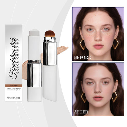 Color-changing foundation stick set with brush and beige swatch for dark skin tone