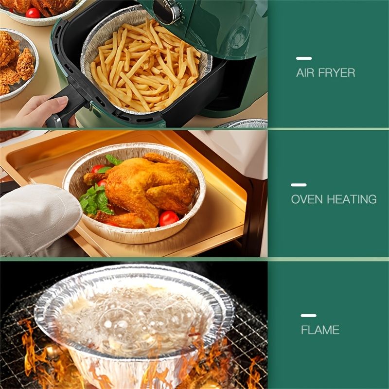 Stacked foil liner pans showing air-frying, oven heating, and flame use scenarios