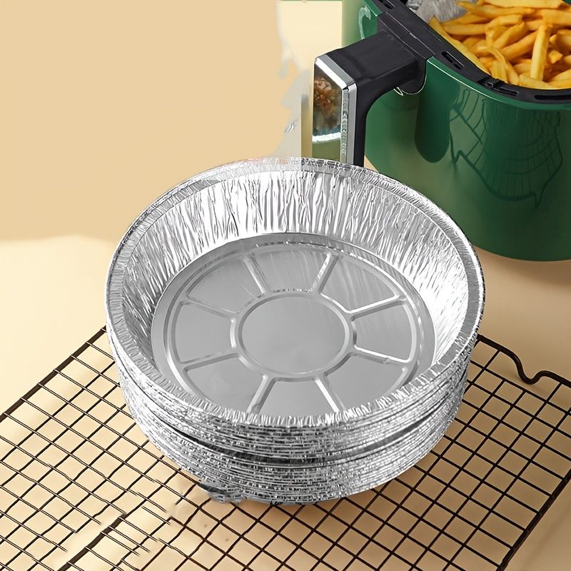 Round aluminum foil air fryer liner pan, shiny crimped rim and circular base insert