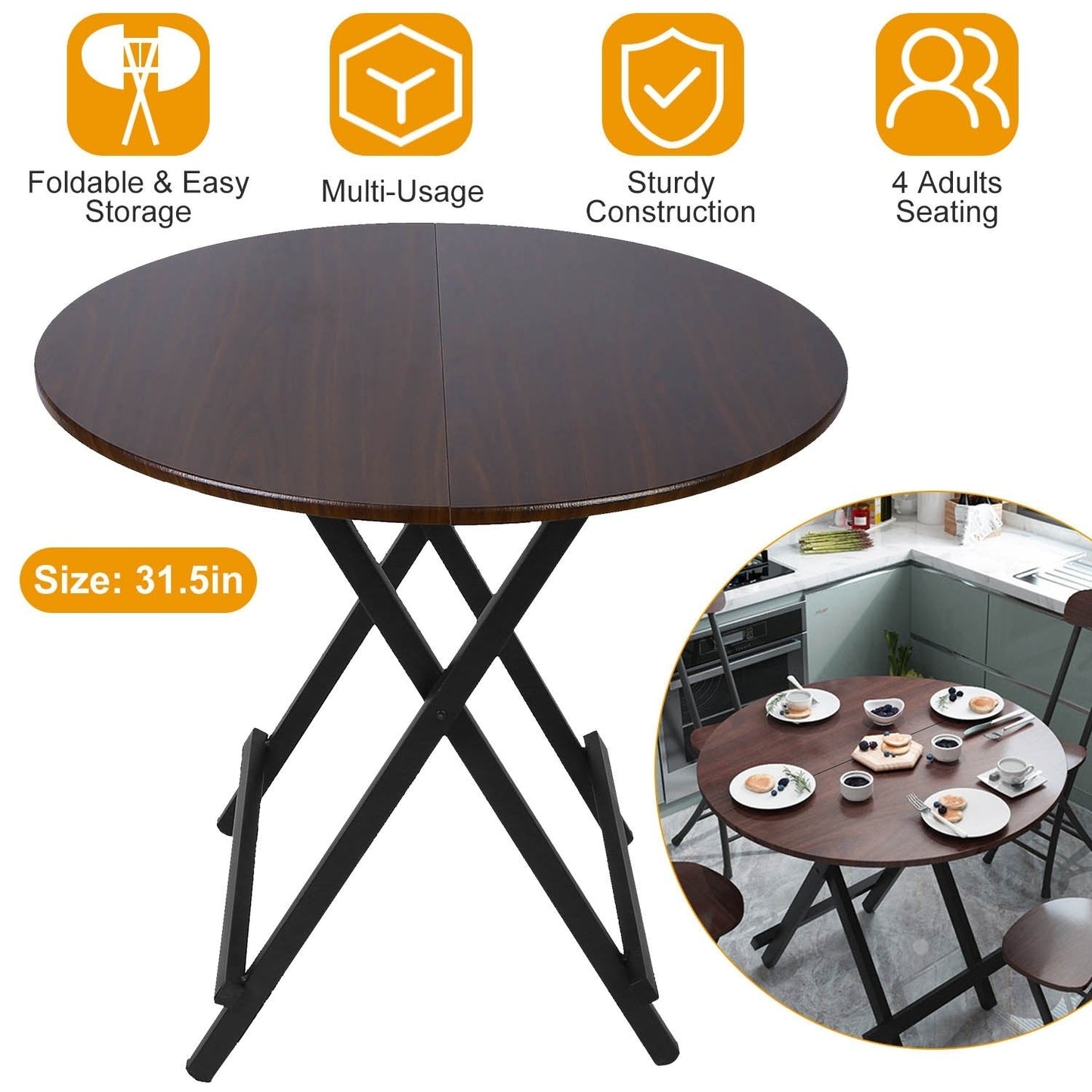 31.5in Round High Top Folding Table 2.6FT Iron Bar Foldable Wooden Dining Desk - Renee Lane Company