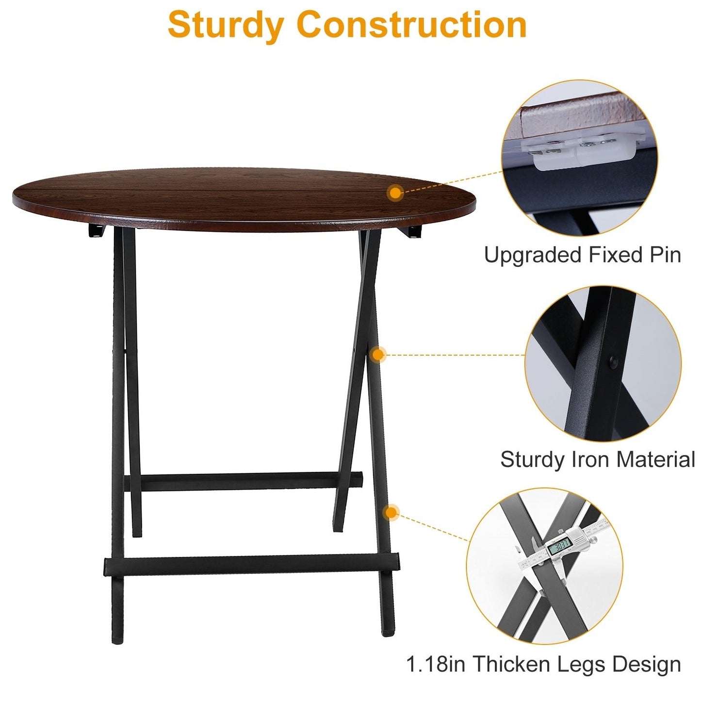 31.5in Round High Top Folding Table 2.6FT Iron Bar Foldable Wooden Dining Desk - Renee Lane Company