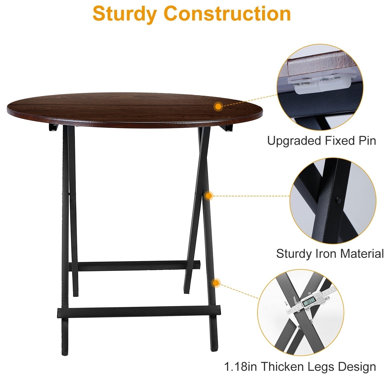 31.5in Round High Top Folding Table 2.6FT Iron Bar Foldable Wooden Dining Desk - Renee Lane Company