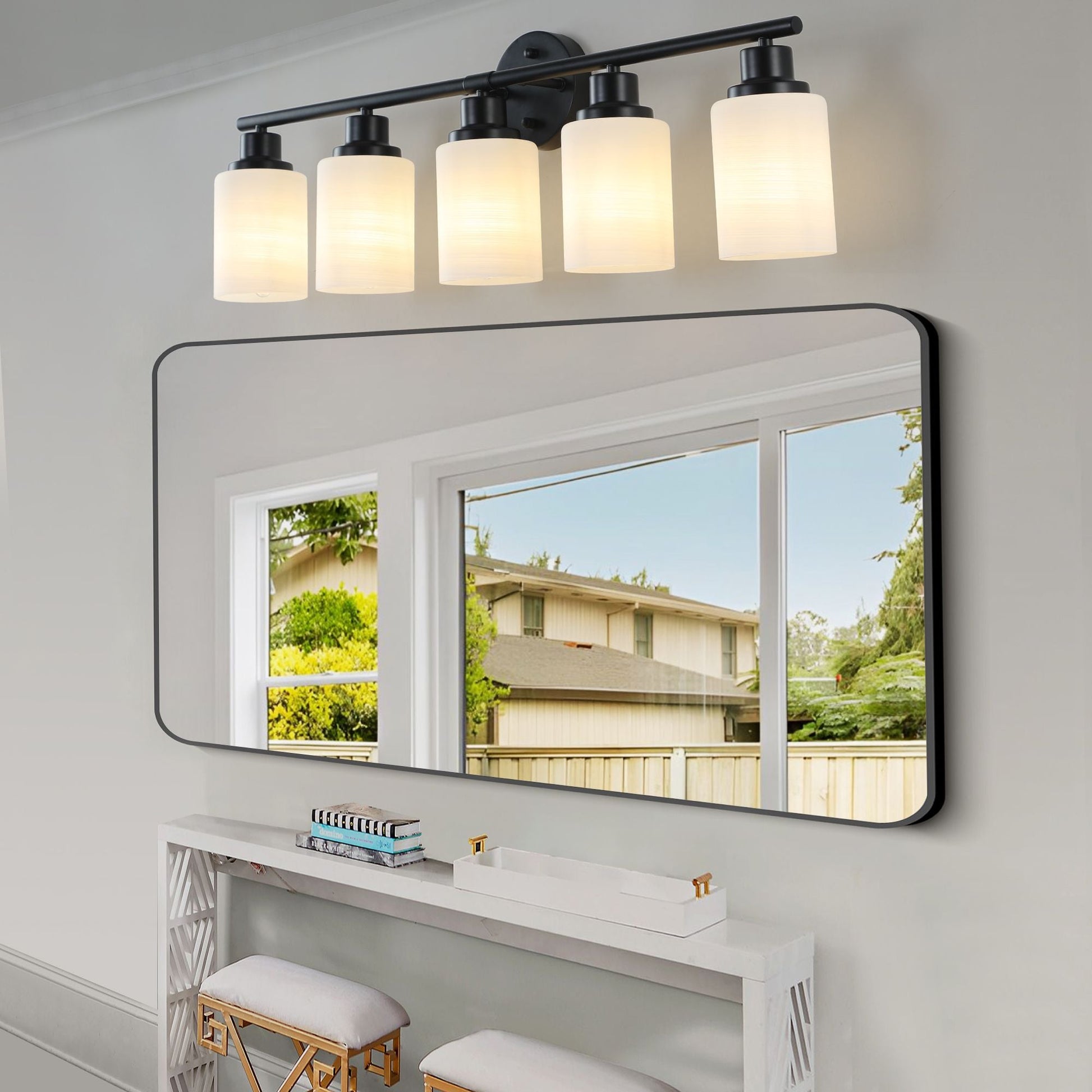 31" Modern 5-Light Vanity Bathroom Mirror Light, Frosted White Glass with Black Iron Frame, Contemporary Wall Sconce for Bedroom, Bathroom, and Dressing Room (Bulb Not Included) - Renee Lane Company