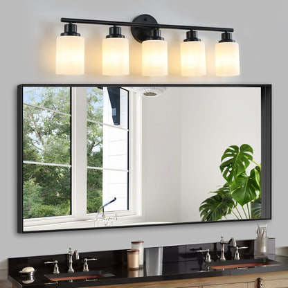 31" Modern 5-Light Vanity Bathroom Mirror Light, Frosted White Glass with Black Iron Frame, Contemporary Wall Sconce for Bedroom, Bathroom, and Dressing Room (Bulb Not Included) - Renee Lane Company