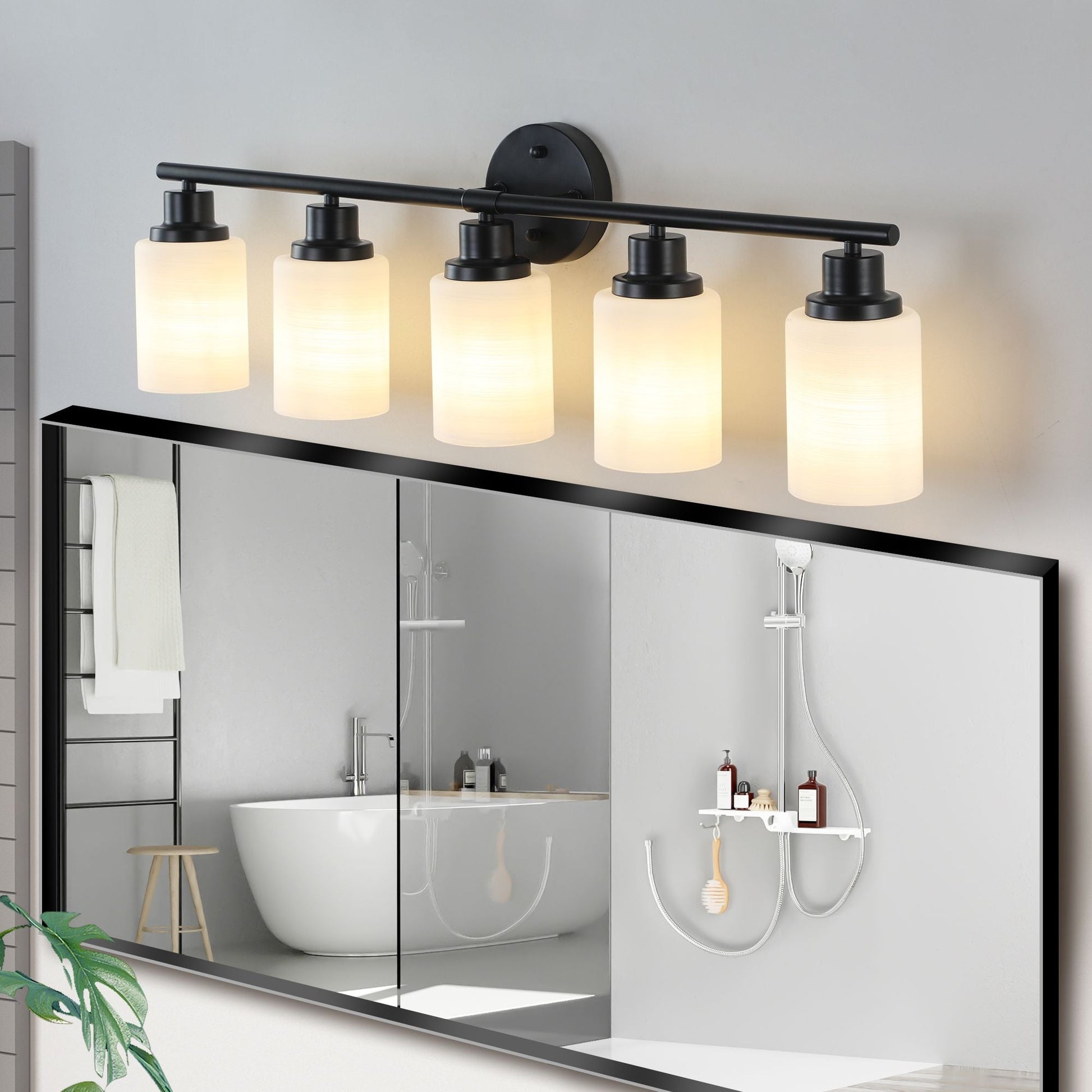 31" Modern 5-Light Vanity Bathroom Mirror Light, Frosted White Glass with Black Iron Frame, Contemporary Wall Sconce for Bedroom, Bathroom, and Dressing Room (Bulb Not Included) - Renee Lane Company